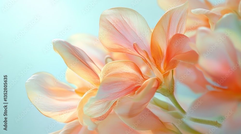 Soft peach colored flowers bloom against a light blue background Soft peach colored flowers bloom against a light blue background