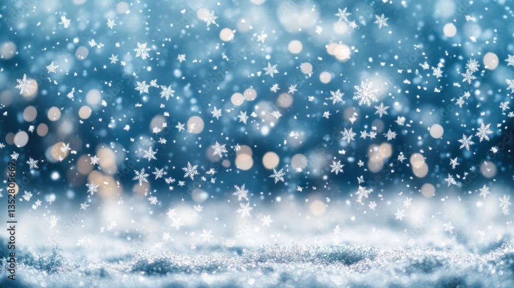 Snowflakes falling against a blurred blue background with bokeh lights Snowflakes falling against a blurred blue background with bokeh lights