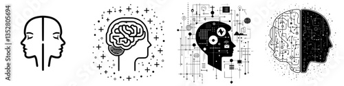 Different representations of human heads highlighting concepts of psychology and technology in a creative design layout