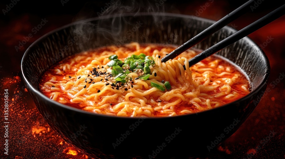 Bowl of spicy ramen noodles with sesame seeds and green onions Bowl of spicy ramen noodles with sesame seeds and green onions