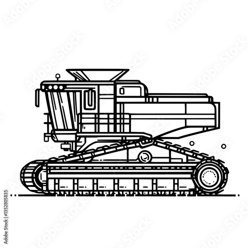 Detailed outline of an agricultural combine harvester in operation on a farm during harvest season