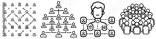 Visual representation of different networking structures showcasing connections and relationships among individuals in a collaborative environment