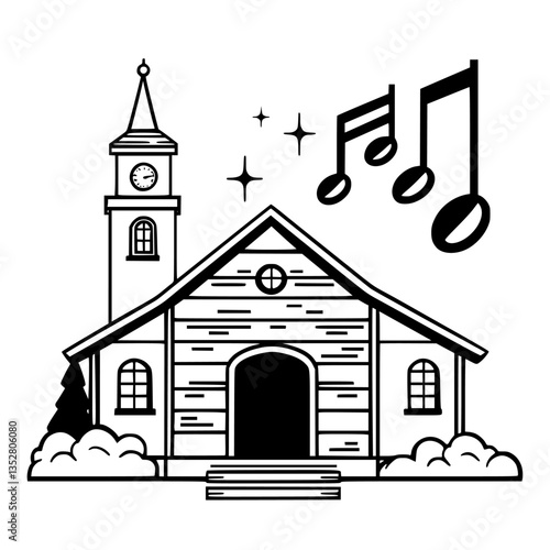 Charming church with a clock tower surrounded by nature and musical notes in a whimsical style