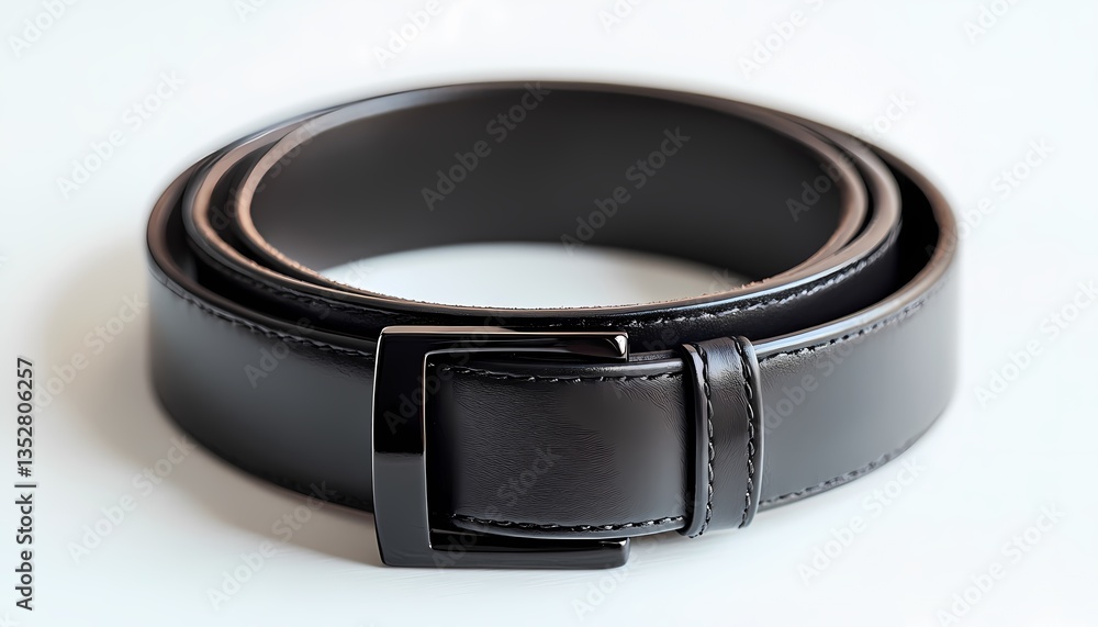 Polished black leather belt with minimalistic buckle shot in HD on white Polished black leather belt with minimalistic buckle shot in HD on white