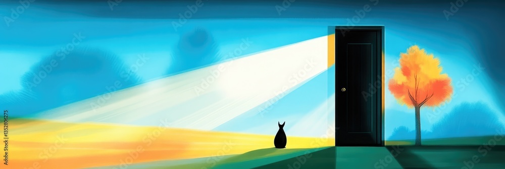 Fototapeta premium Black cat silhouette stands before an open door emitting a bright beam of light across a surreal blue and yellow landscape.