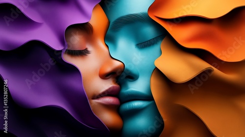 Harmonious juxtaposition of faces and flowing colors conveying serenity