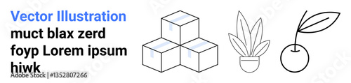 Stacked cubes with geometric precision, a potted plant, and a cherry with a leaf in clean line art. Ideal for minimalism, design, branding, creativity, balance, nature themes flat landing page