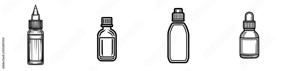 Various glass bottles with droppers and no labels arranged in a row, ideal for essential oils or craft use Various glass bottles with droppers and no labels arranged in a row, ideal for essential oils or craft use