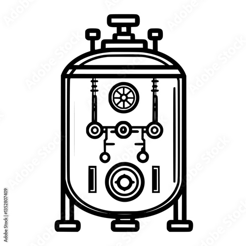 Industrial pressure vessel with valves and gauges used in manufacturing or processing applications