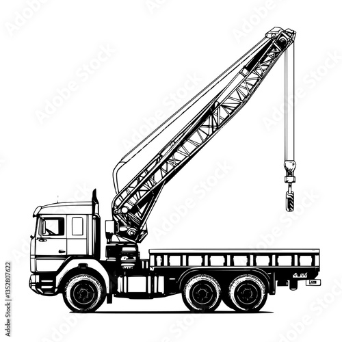 Heavy duty truck with crane lifting equipment on construction site in daylight