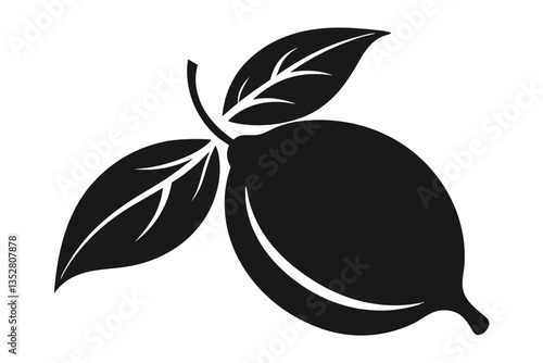 Black Silhouette of Lemon Fruit with Leaves, Branch Isolated on White Background