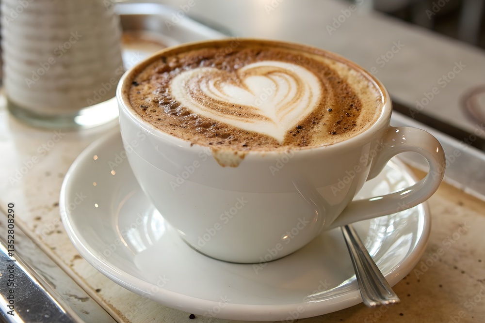 A heartwarming cappuccino, its creamy heart-shaped foam a symbol of morning peace and quiet contemplation in soft, warm light. A heartwarming cappuccino, its creamy heart-shaped foam a symbol of morning peace and quiet contemplation in soft, warm light.