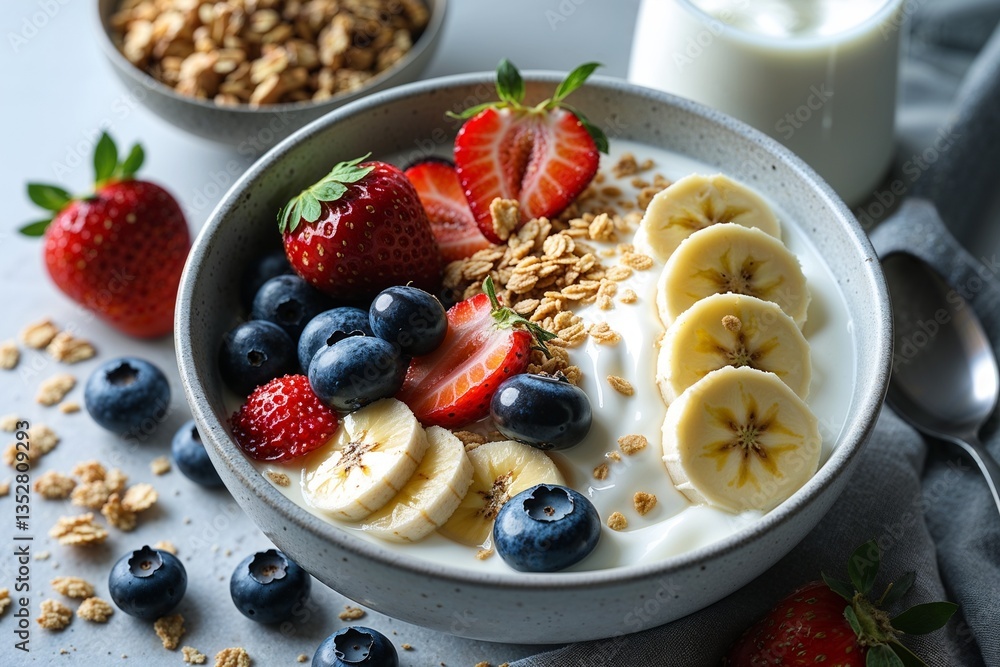 A vibrant breakfast bowl overflowing with fresh strawberries, blueberries, bananas, and granola, nestled in creamy yogurt; soft lighting enhances the natural beauty of the ingredients. A vibrant breakfast bowl overflowing with fresh strawberries, blueberries, bananas, and granola, nestled in creamy yogurt; soft lighting enhances the natural beauty of the ingredients.