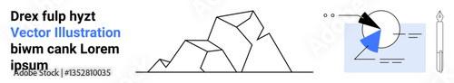 Geometric mountain design alongside a pie chart and stylus highlights a blend of creativity and analysis. Ideal for presentations, data visualization, digital tools, analytics, modern design