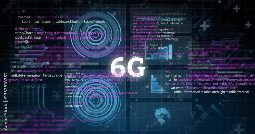In school, animation showing 6G text with digital data and coding graphics In school, animation showing 6G text with digital data and coding graphics