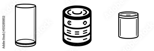 Different types of containers featuring a clear glass, a cylindrical can, and a small tin can