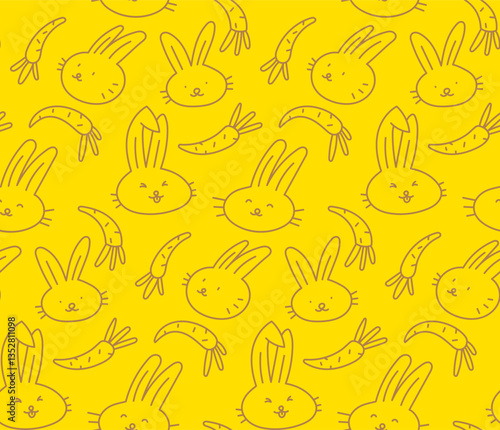 Linear doodle pattern of rabbits, hares and carrots on a yellow background