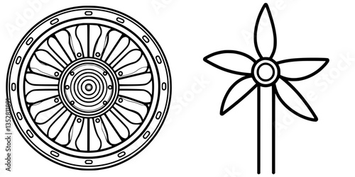 Design of airplane turbofan engine component alongside a simple wind turbine illustration demonstrating aerodynamics