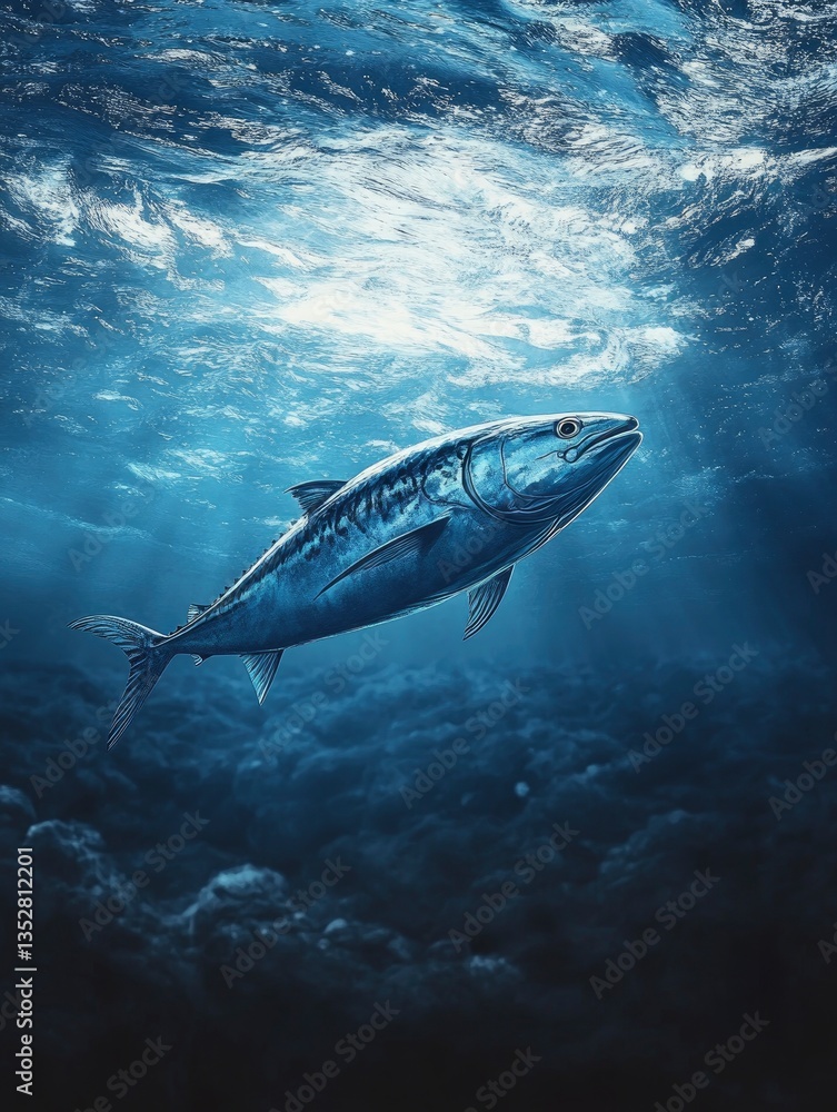 Fototapeta premium Tuna Fish Swimming Gracefully Underwater with Sun Rays and Blue Ocean