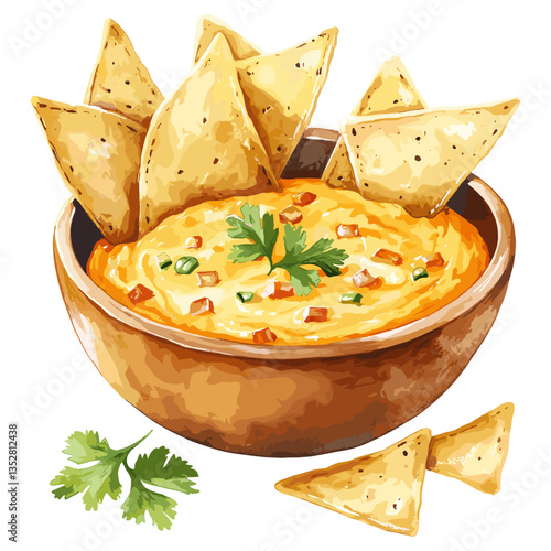 Watercolor Queso Dip with Tortilla Chips in Wooden Bowl
