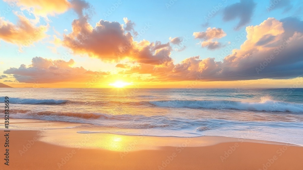 Naklejka premium Golden sunset over tranquil beach