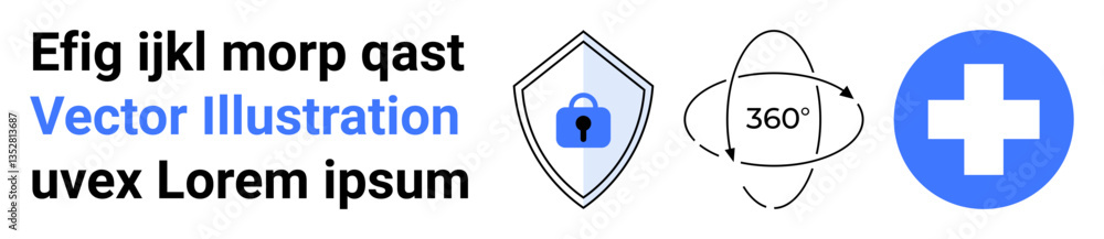 Obraz premium Shield with lock, orbit symbol, and medical cross icons for security, data analysis, healthcare, protection, innovation, digital safety, ideal for flat landing page banner