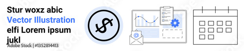 Dollar sign in circle, envelope with documents, gear chart, and calendar. Ideal for finance, business planning, organization, productivity, scheduling marketing and simple landing page