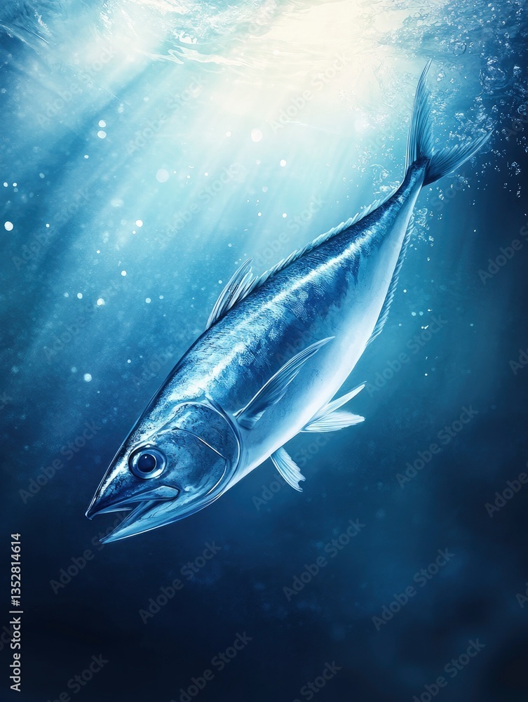 Tuna Swimming Underwater in the Ocean with Light Rays Shining Down Tuna Swimming Underwater in the Ocean with Light Rays Shining Down