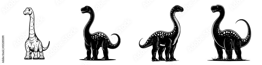 Various depictions of a long-necked dinosaur showcasing different styles and details in a fun, illustrative manner Various depictions of a long-necked dinosaur showcasing different styles and details in a fun, illustrative manner