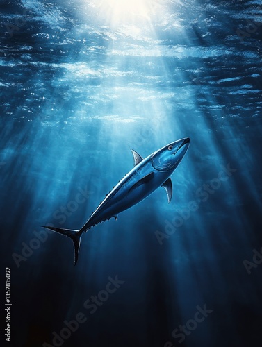 Tuna Swimming in Ocean with Sunbeams and Blue Water Illustration