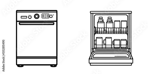Dishwasher and kitchen appliances illustrated in clear line art for design purposes and product ideas