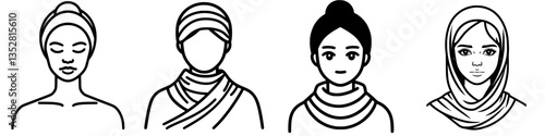 Diverse representations of women's fashion and head coverings in cultural illustrations