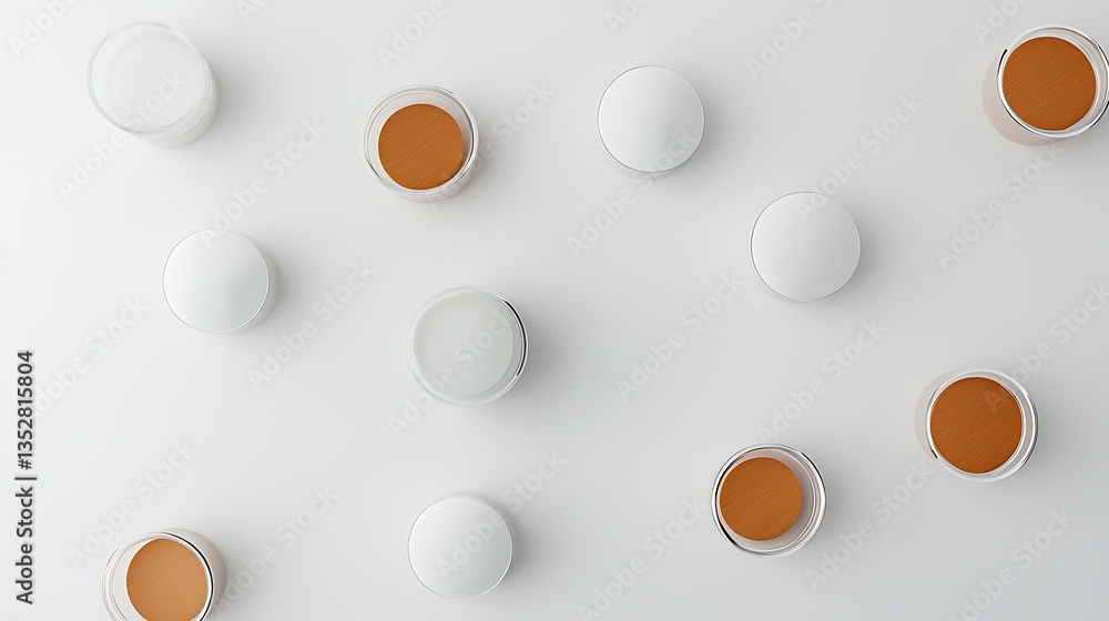 Abstract arrangement of liquids and white capsules on a clean, white background Abstract arrangement of liquids and white capsules on a clean, white background