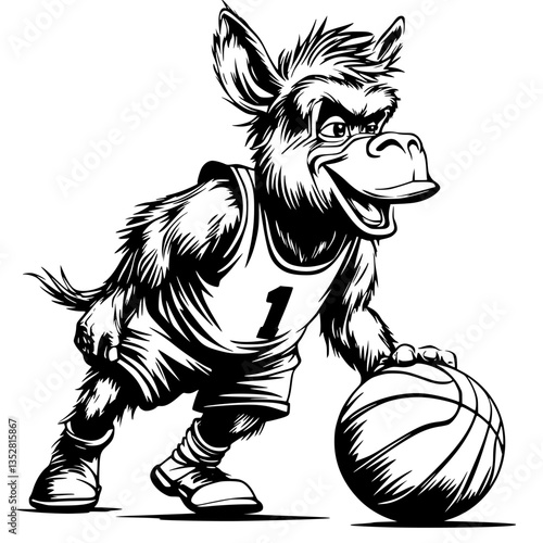 Cartoon donkey character dribbling basketball in sports uniform at a playful setting