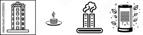 Illustrative icons representing various activities and structures in a modern urban environment