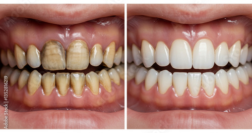 Smokers Teeth Before and After Professional Cleaning - Illustrative comparison of stained teeth from smoking versus healthy, clean teeth. Highlights the impact of smoking on oral hygiene