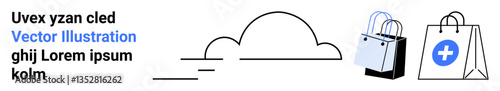 Minimalist composition with shopping bags, a cloud element, and text accents representing technology, e-commerce, delivery, healthcare, retail, digital platforms and marketing. Ideal for flat