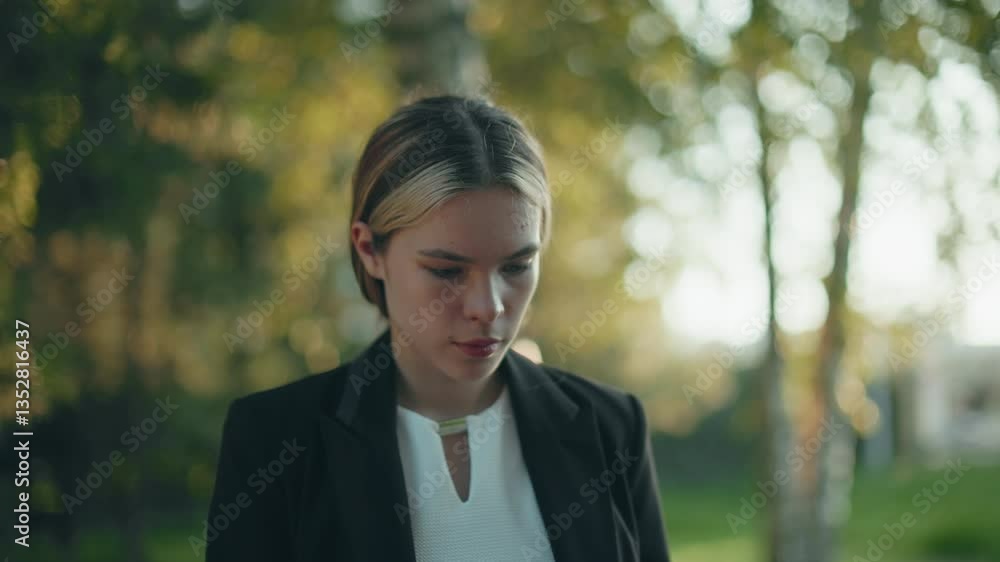 Professional woman enjoys coffee in tranquil park setting with trees behind her as warm sunlight filters through leaves, casting soft natural light across her focused face during outdoor break
