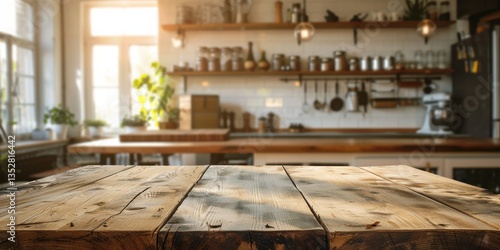 Rustic Wooden Tabletop with Blurred Kitchen Background for Product Mockup or Display