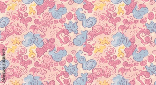 A playful hand-drawn doodle pattern with random shapes.