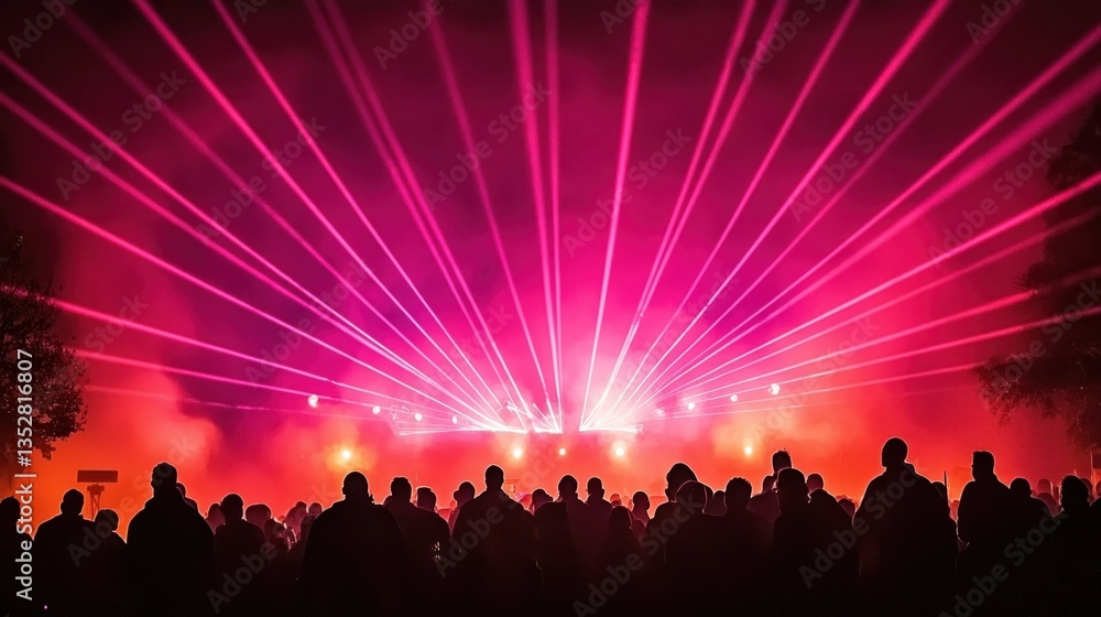 Crowd watches bright pink laser light show at night, with trees framing the edge Crowd watches bright pink laser light show at night, with trees framing the edge