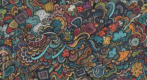 A playful hand-drawn doodle pattern with random shapes.