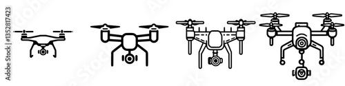 Various drone designs showcasing different features and styles arranged in a linear format for comparison and analysis