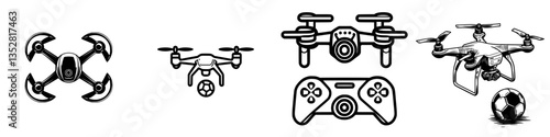 Various drone designs featuring controllers and a soccer ball on a clean white background