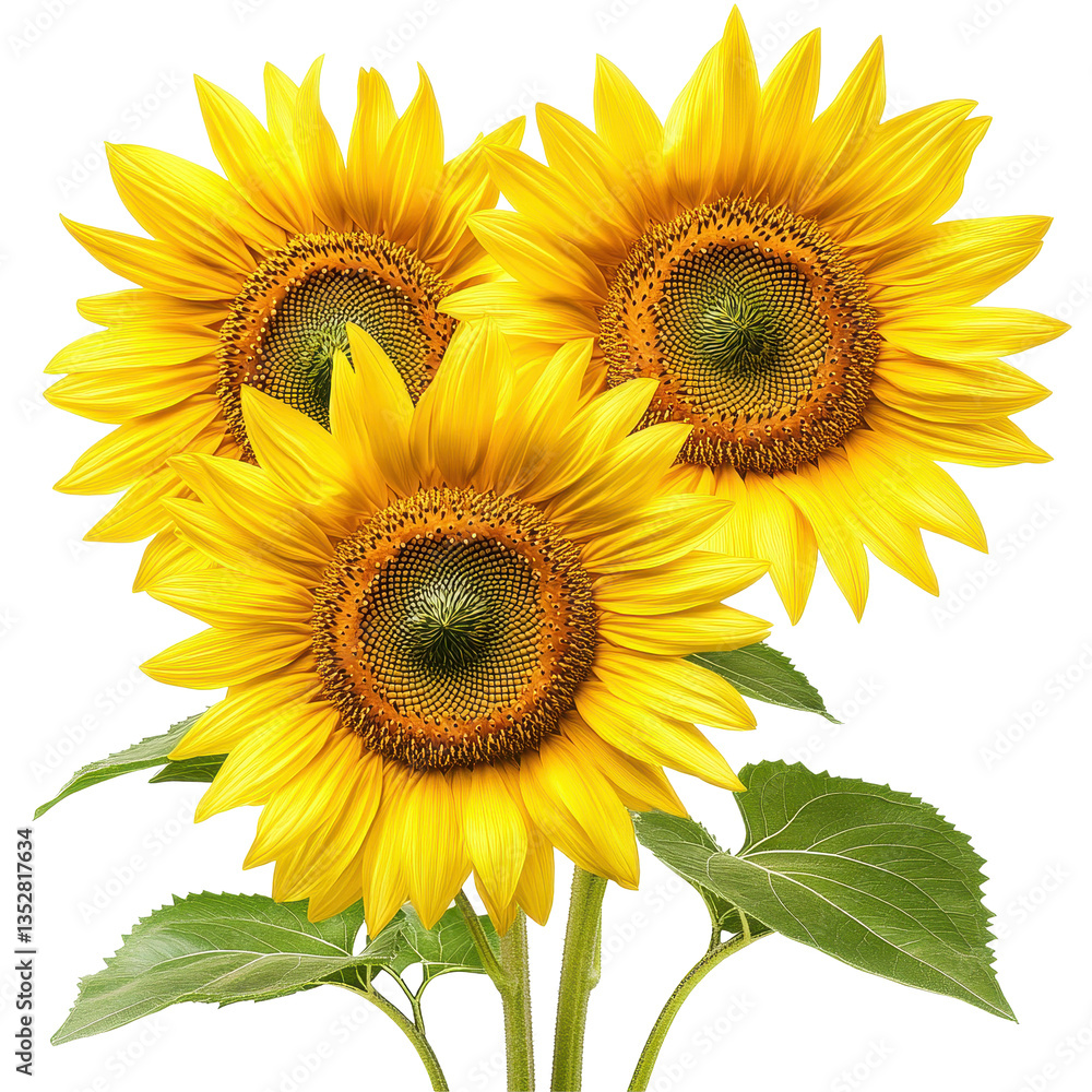 Obraz premium Blooming sunflowers with vibrant yellow petals and green leaves set against a Transparent background, Closeup blooming sunflowers isolated on PNG background