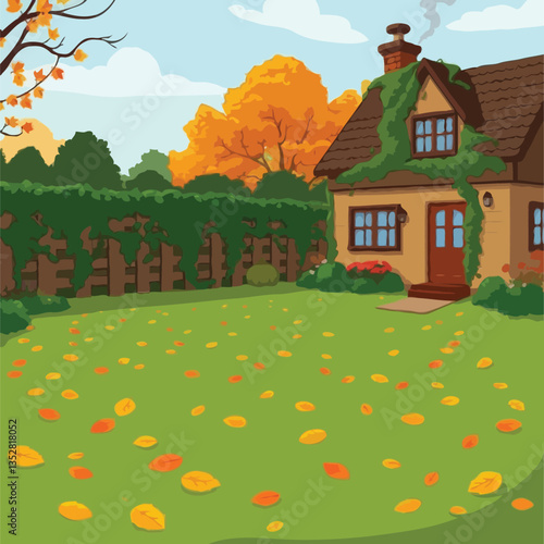 A Serene Autumn Scene with a Cozy Cottage Surrounded by Falling Leaves and Lush Trees