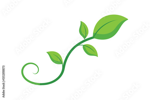 Green Stem with Leaves on a White Backdrop, Simple Leafy Branch