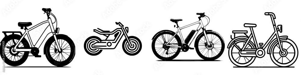 Illustration of various bicycles and an electric motorcycle lined up against a plain background Illustration of various bicycles and an electric motorcycle lined up against a plain background