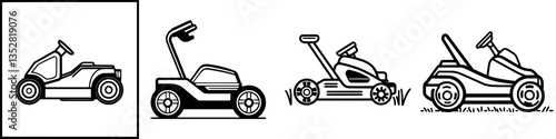 Various designs of lawn mowers in a minimalist style showcasing their functionality and structure