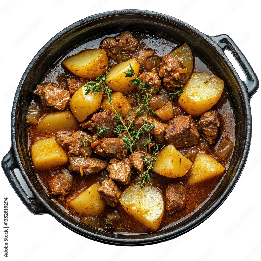 Savory pot stew with tender meat and hearty potatoes simmering in a rich broth on a Transparent background, pot stew with potatoes and meat in a stew, PNG background Savory pot stew with tender meat and hearty potatoes simmering in a rich broth on a Transparent background, pot stew with potatoes and meat in a stew, PNG background
